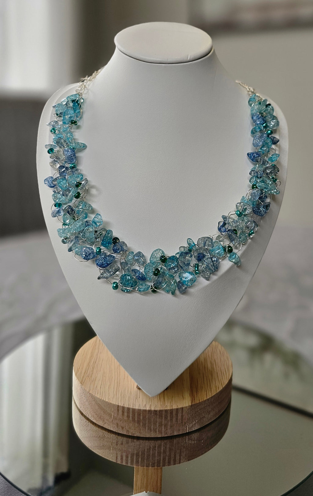 Ocean Breeze Aqua Crystal Wire Crochet Necklace