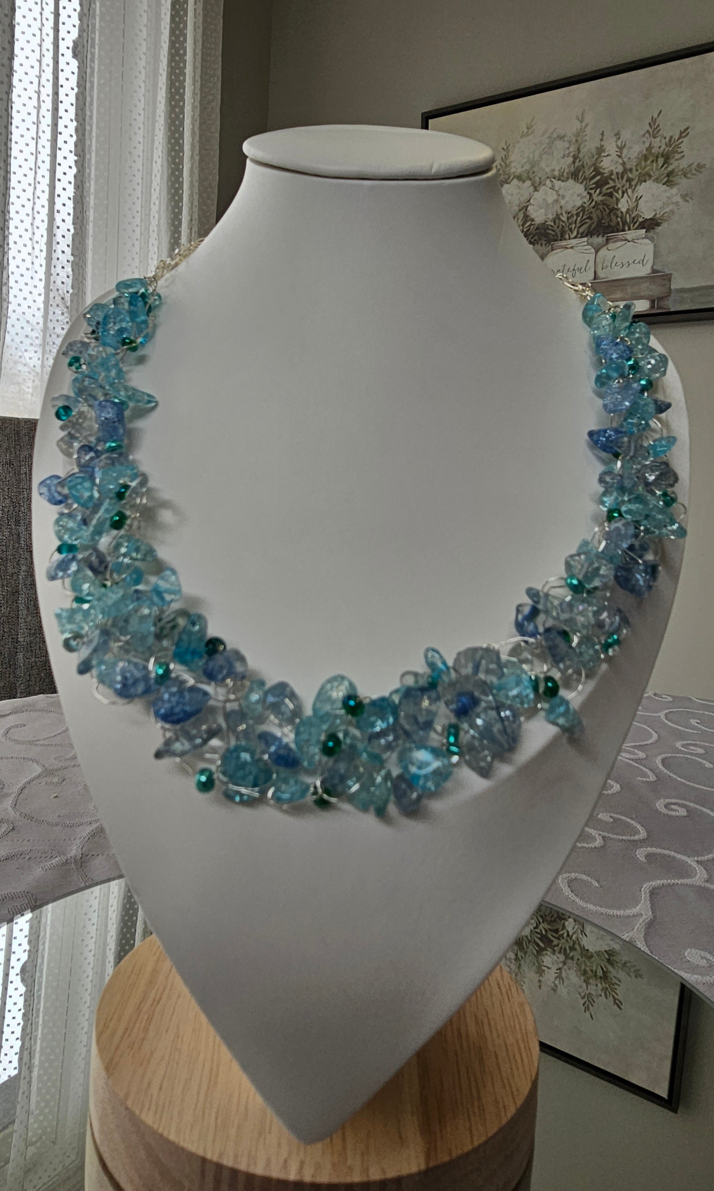 Ocean Breeze Aqua Crystal Wire Crochet Necklace