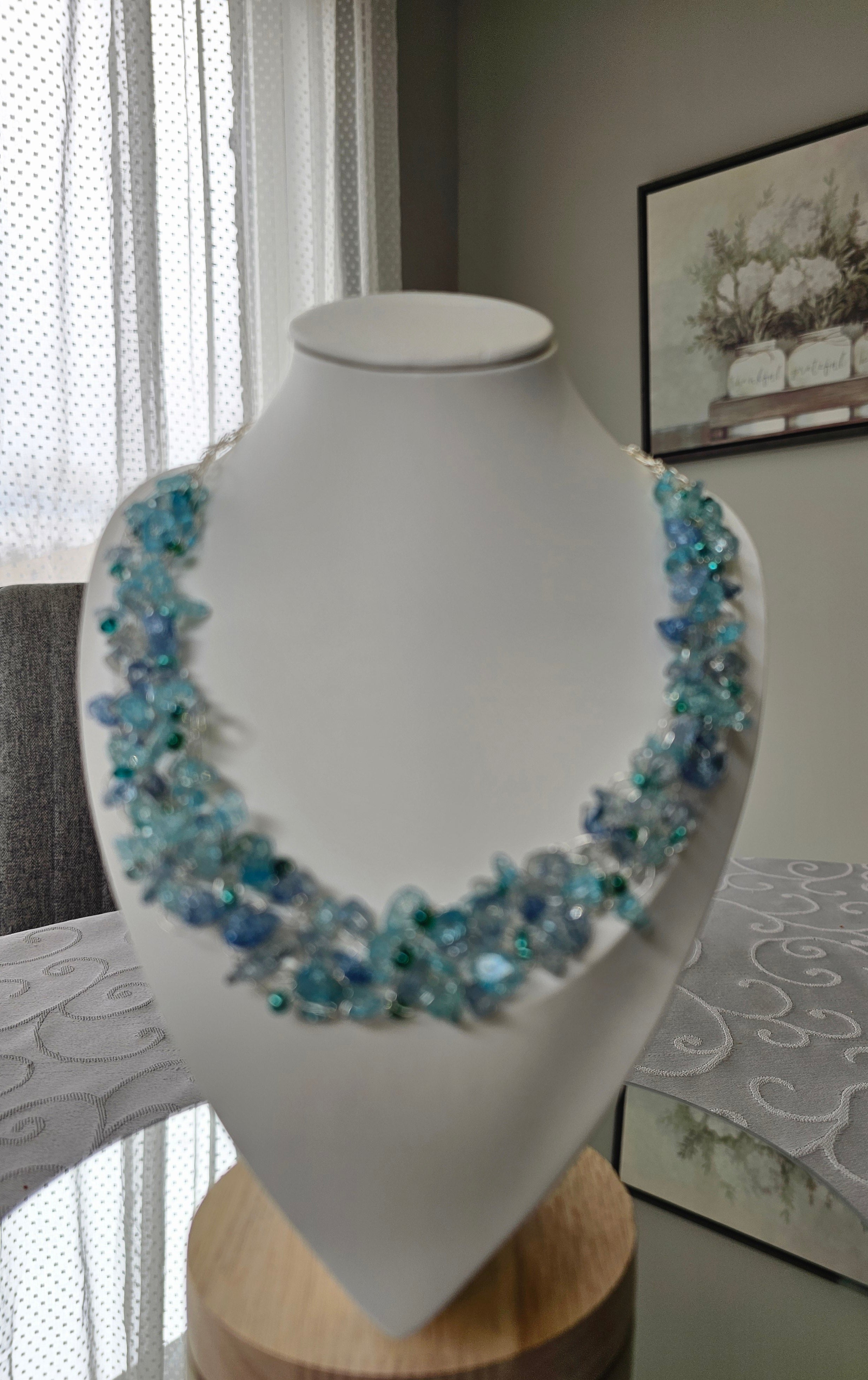Ocean Breeze Aqua Crystal Wire Crochet Necklace