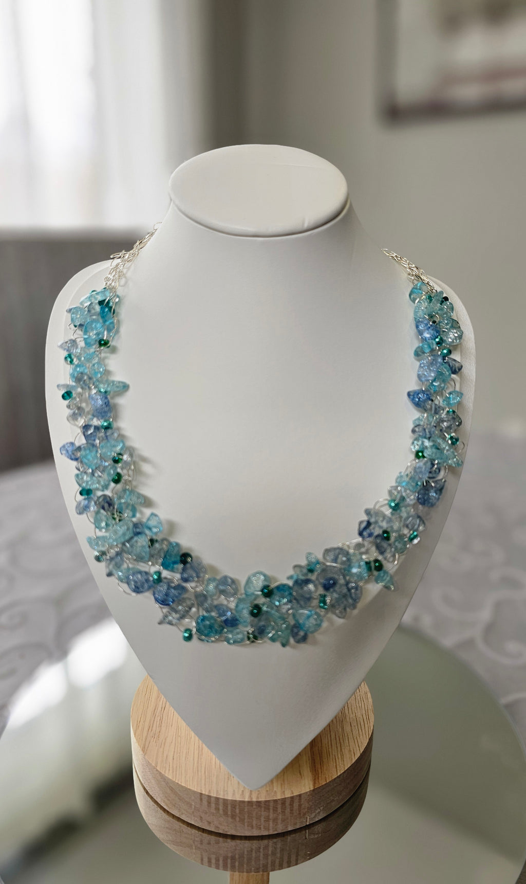 Ocean Breeze Aqua Crystal Wire Crochet Necklace
