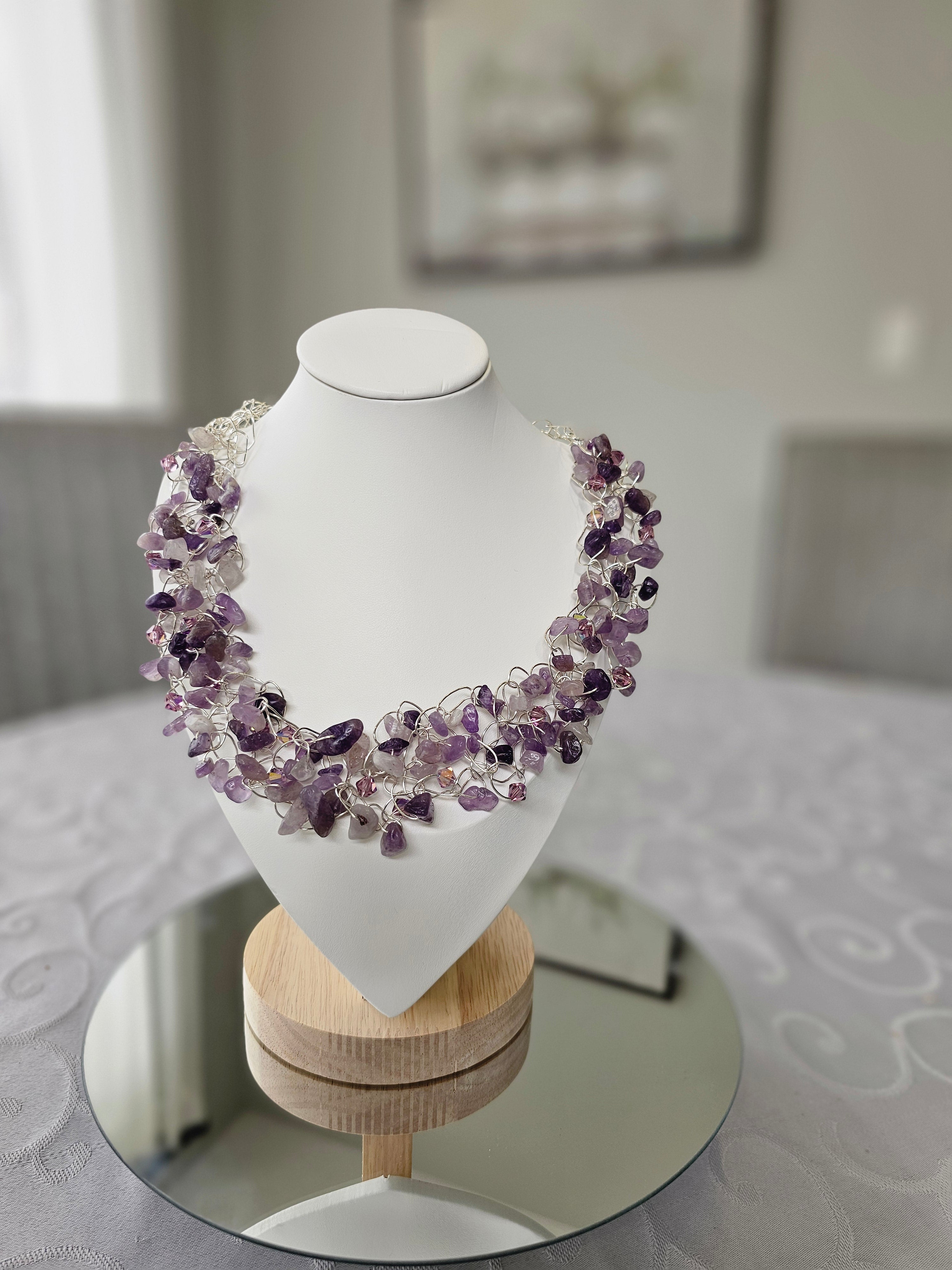 Amethyst & Crystal Statement Necklace – Handmade Silver Wire Crochet