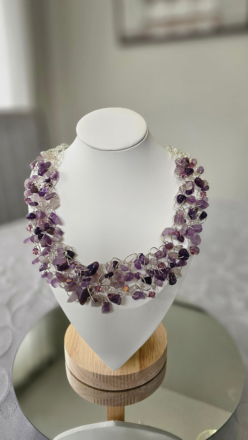 Amethyst & Crystal Statement Necklace – Handmade Silver Wire Crochet