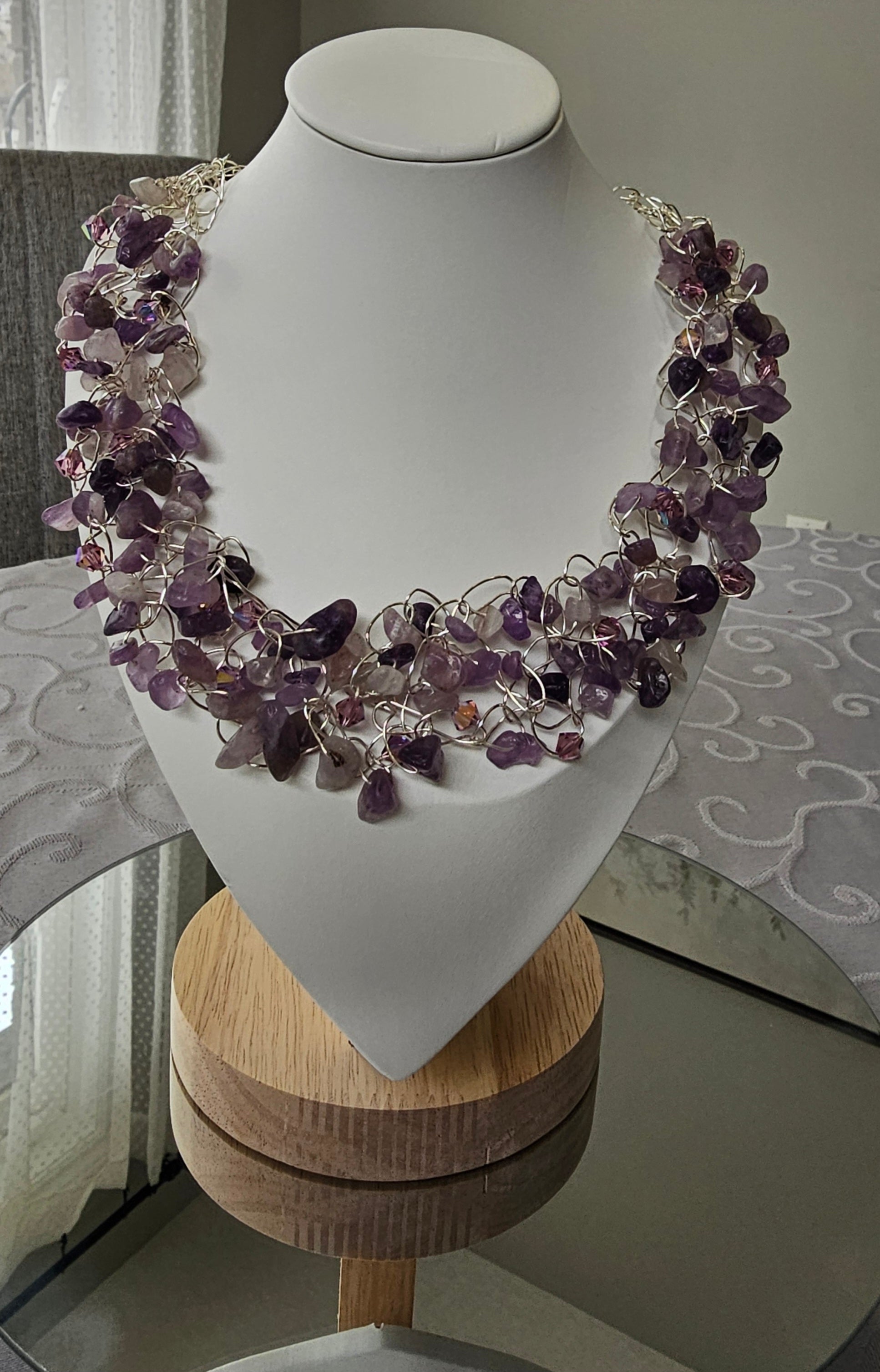 Amethyst & Crystal Statement Necklace – Handmade Silver Wire Crochet
