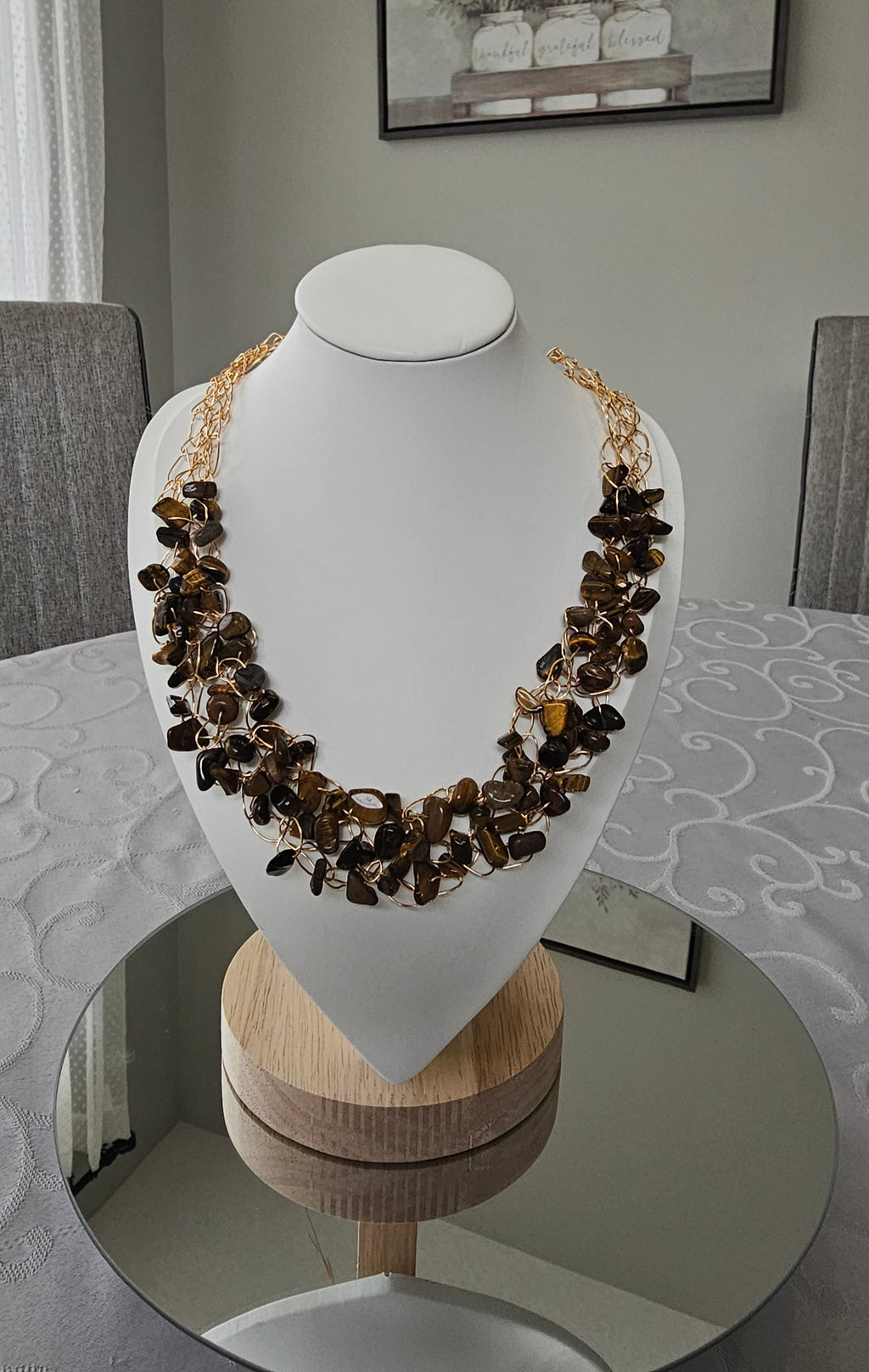 Tiger’s Eye Crochet Necklace, Gold Wire Design