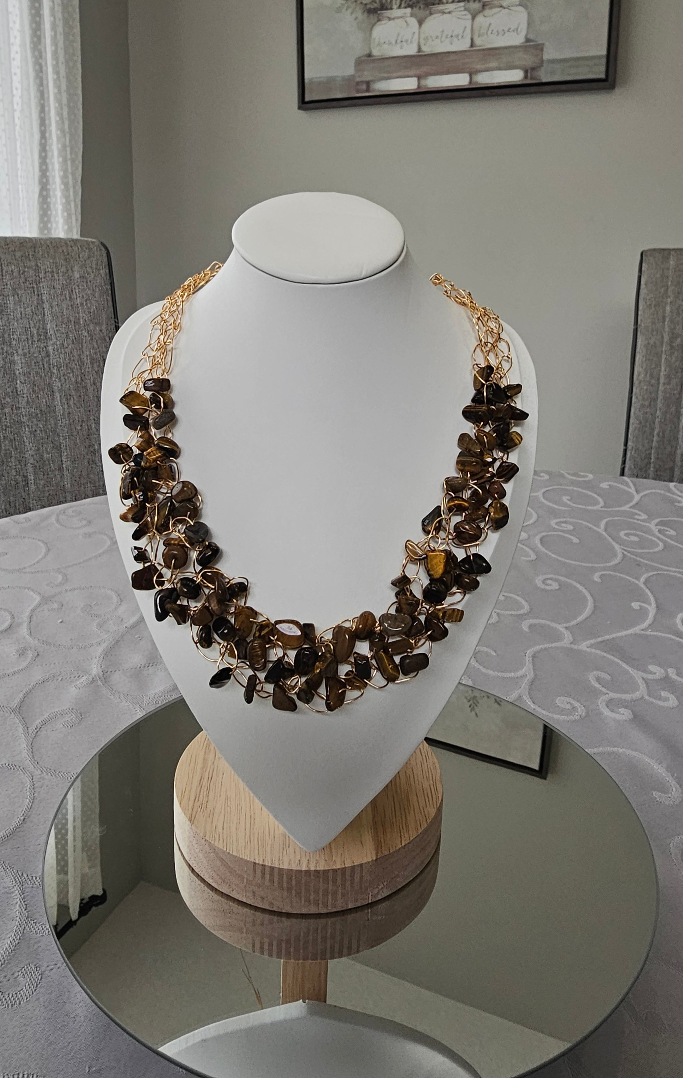 Tiger’s Eye Crochet Necklace, Gold Wire Design