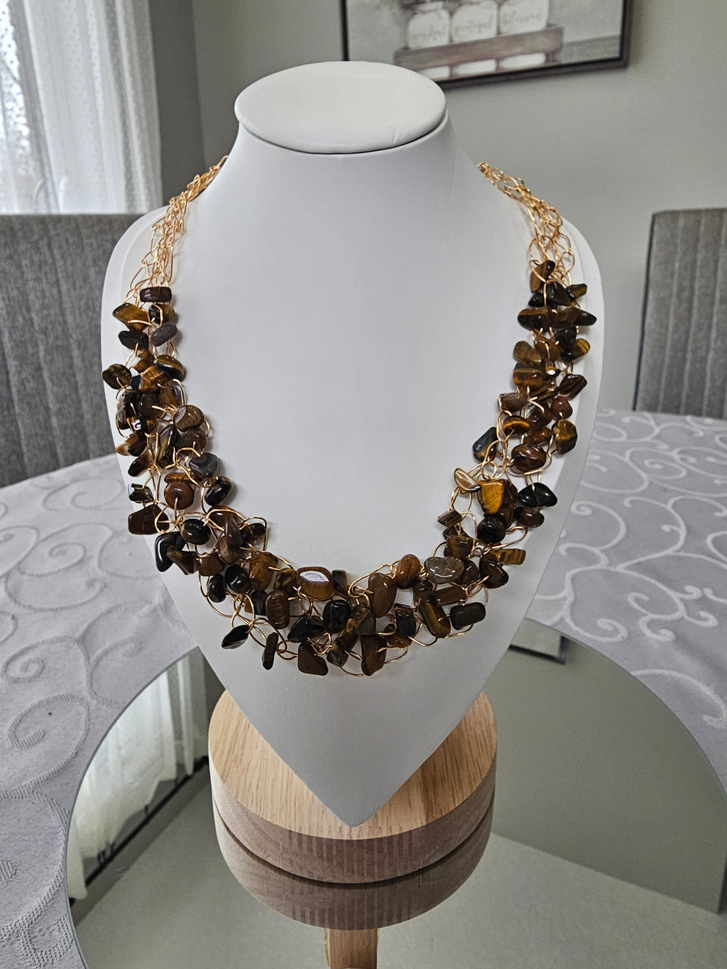 Tiger’s Eye Crochet Necklace, Gold Wire Design