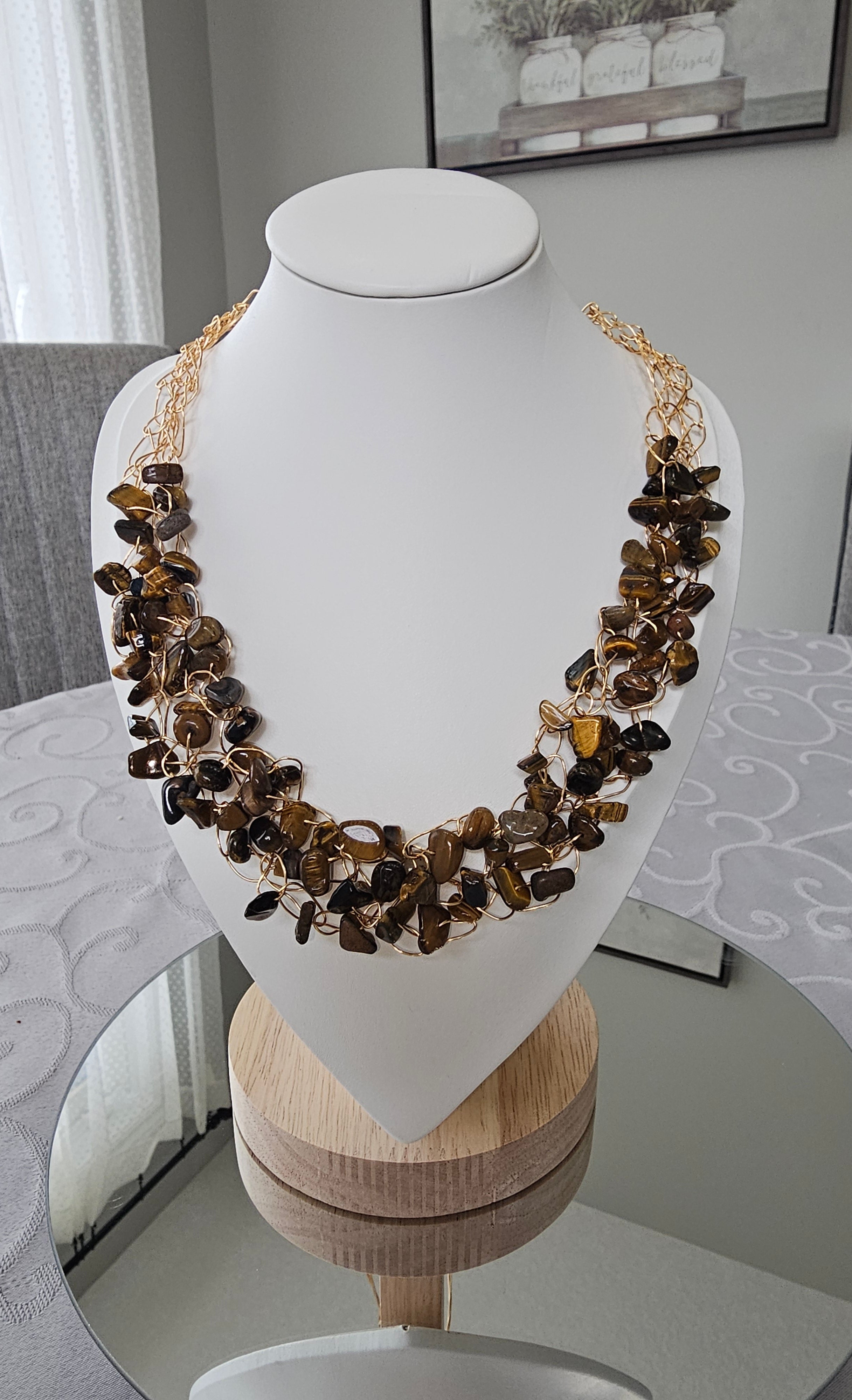 Tiger’s Eye Crochet Necklace, Gold Wire Design