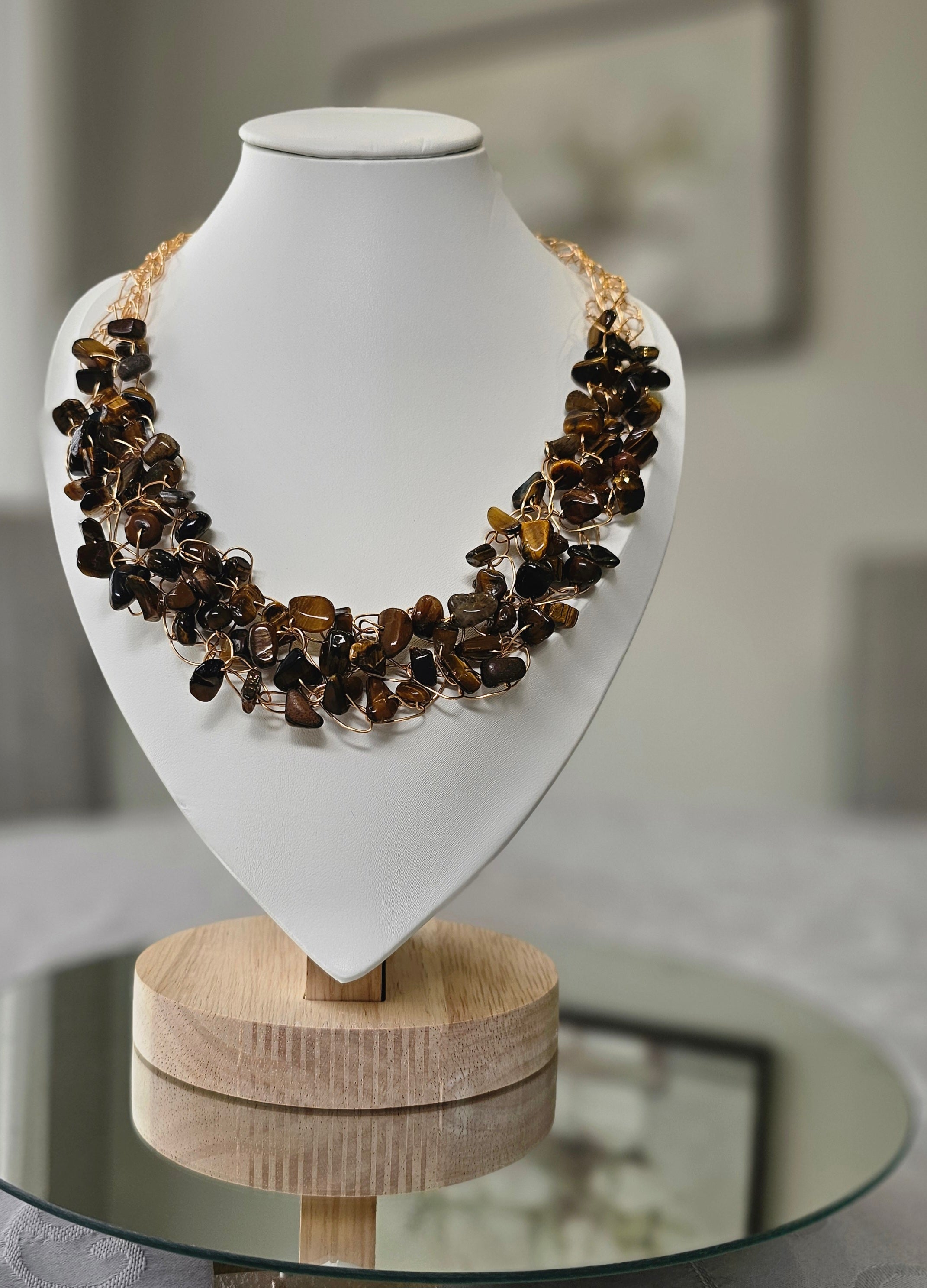 Tiger’s Eye Crochet Necklace, Gold Wire Design