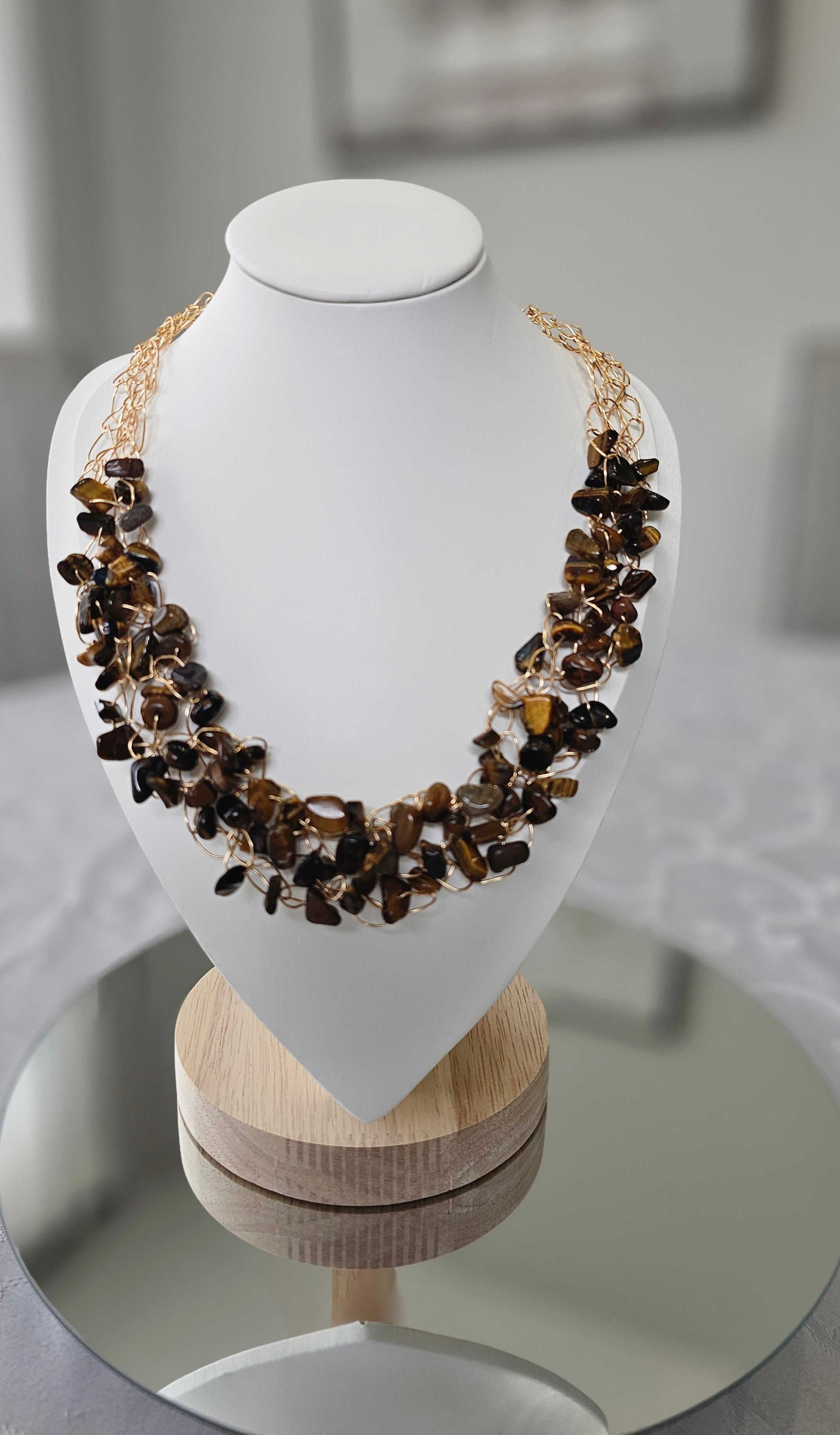 Tiger’s Eye Crochet Necklace, Gold Wire Design