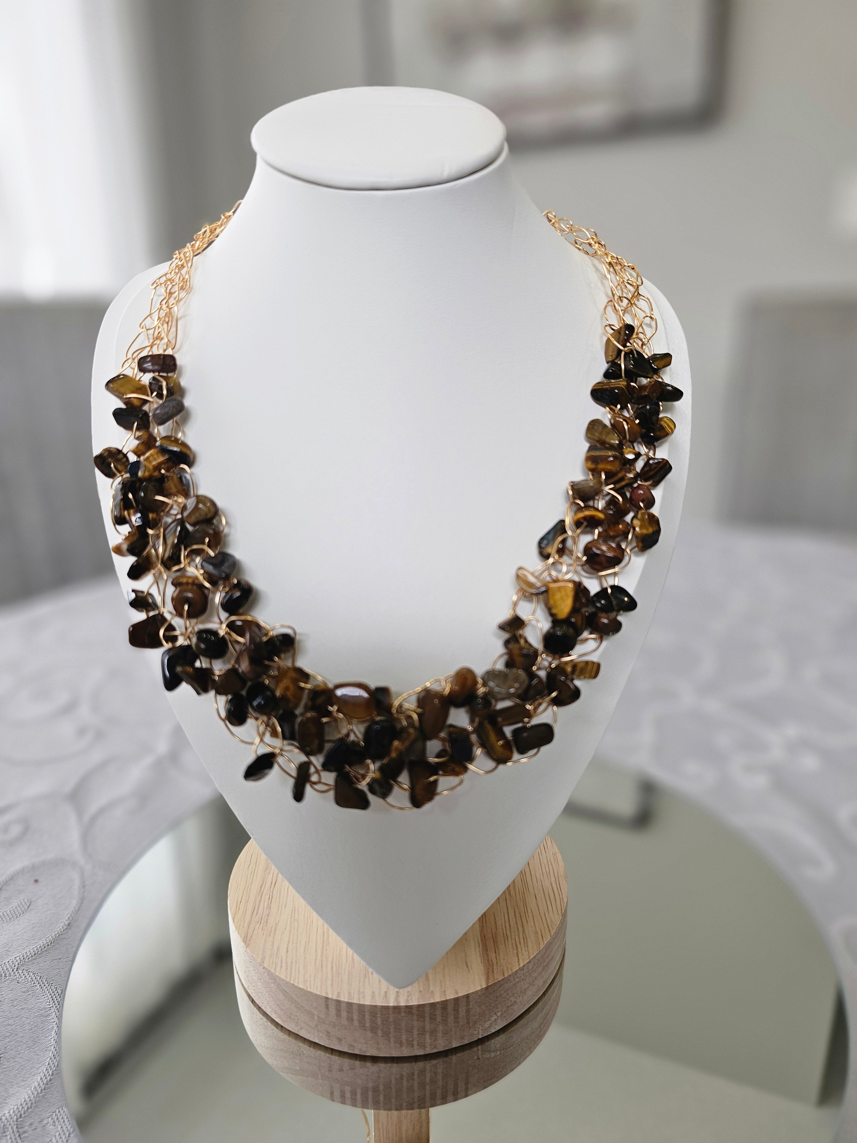 Tiger’s Eye Crochet Necklace, Gold Wire Design