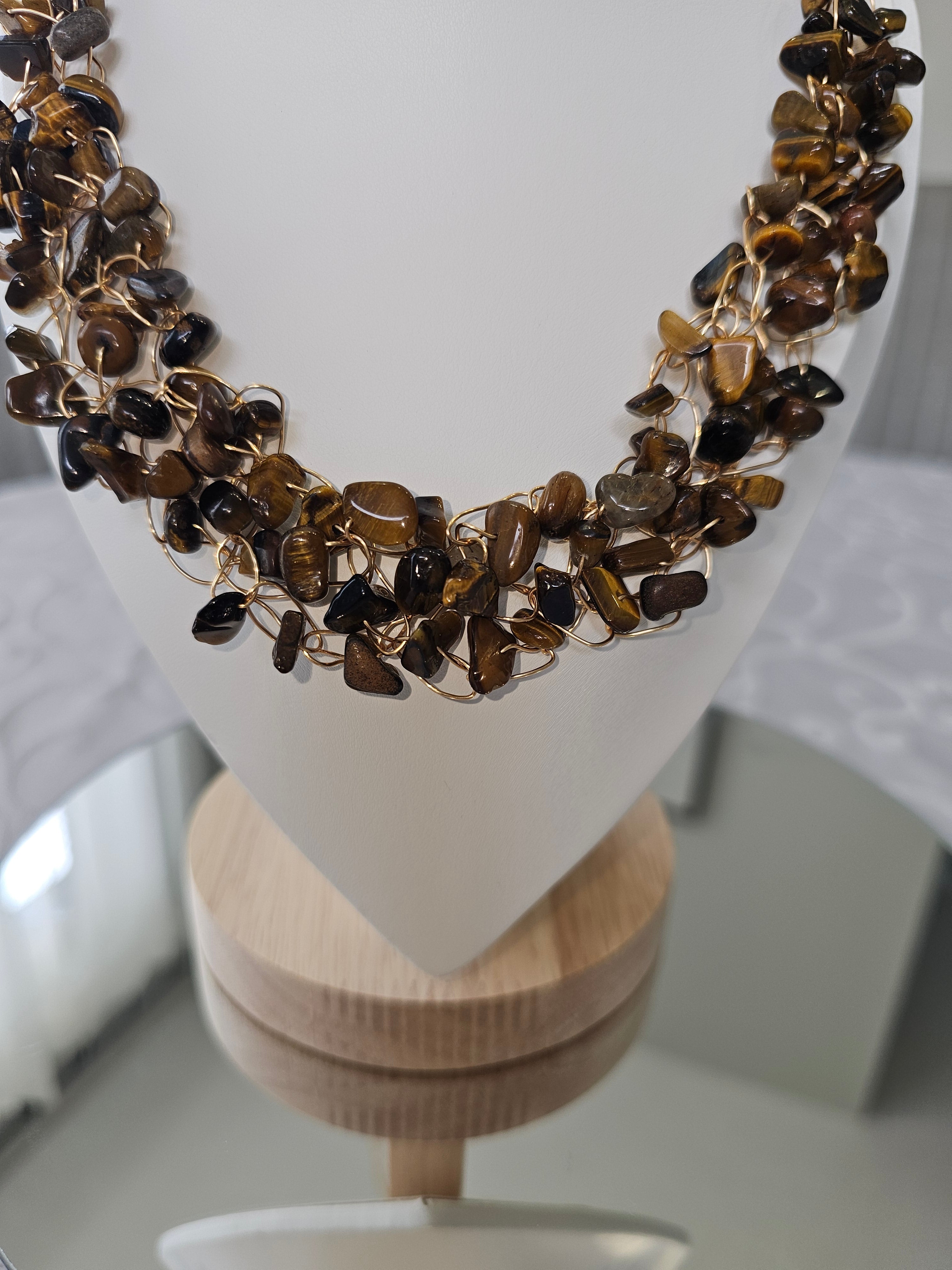 Tiger’s Eye Crochet Necklace, Gold Wire Design