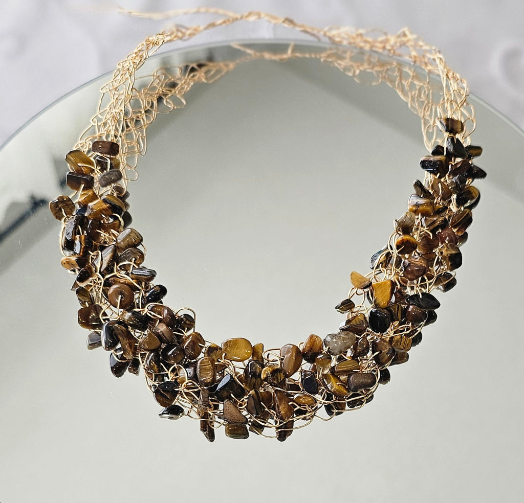 Tiger’s Eye Crochet Necklace, Gold Wire Design