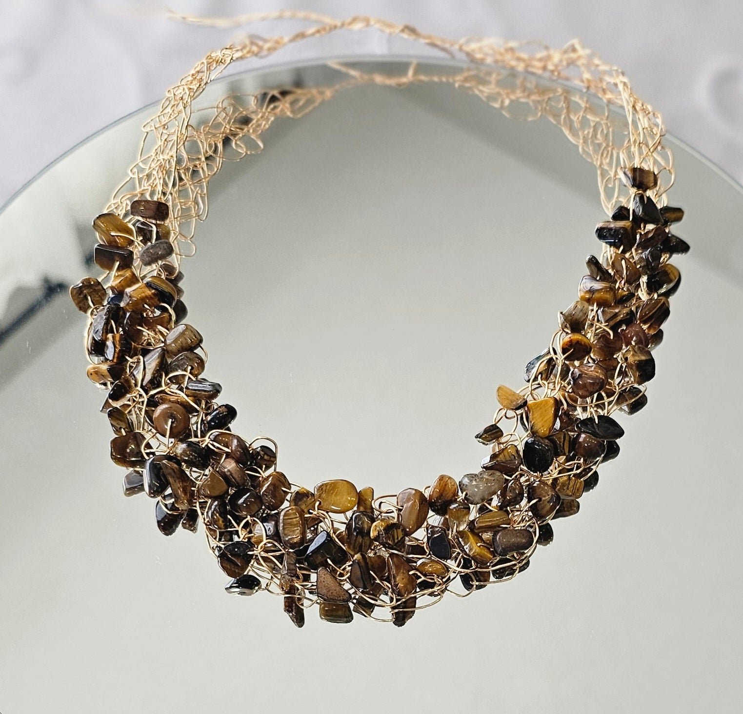 Tiger’s Eye Crochet Necklace, Gold Wire Design