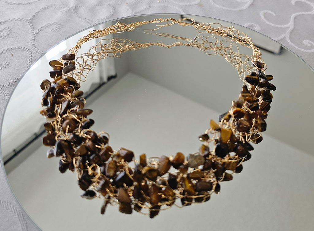 Tiger’s Eye Crochet Necklace, Gold Wire Design