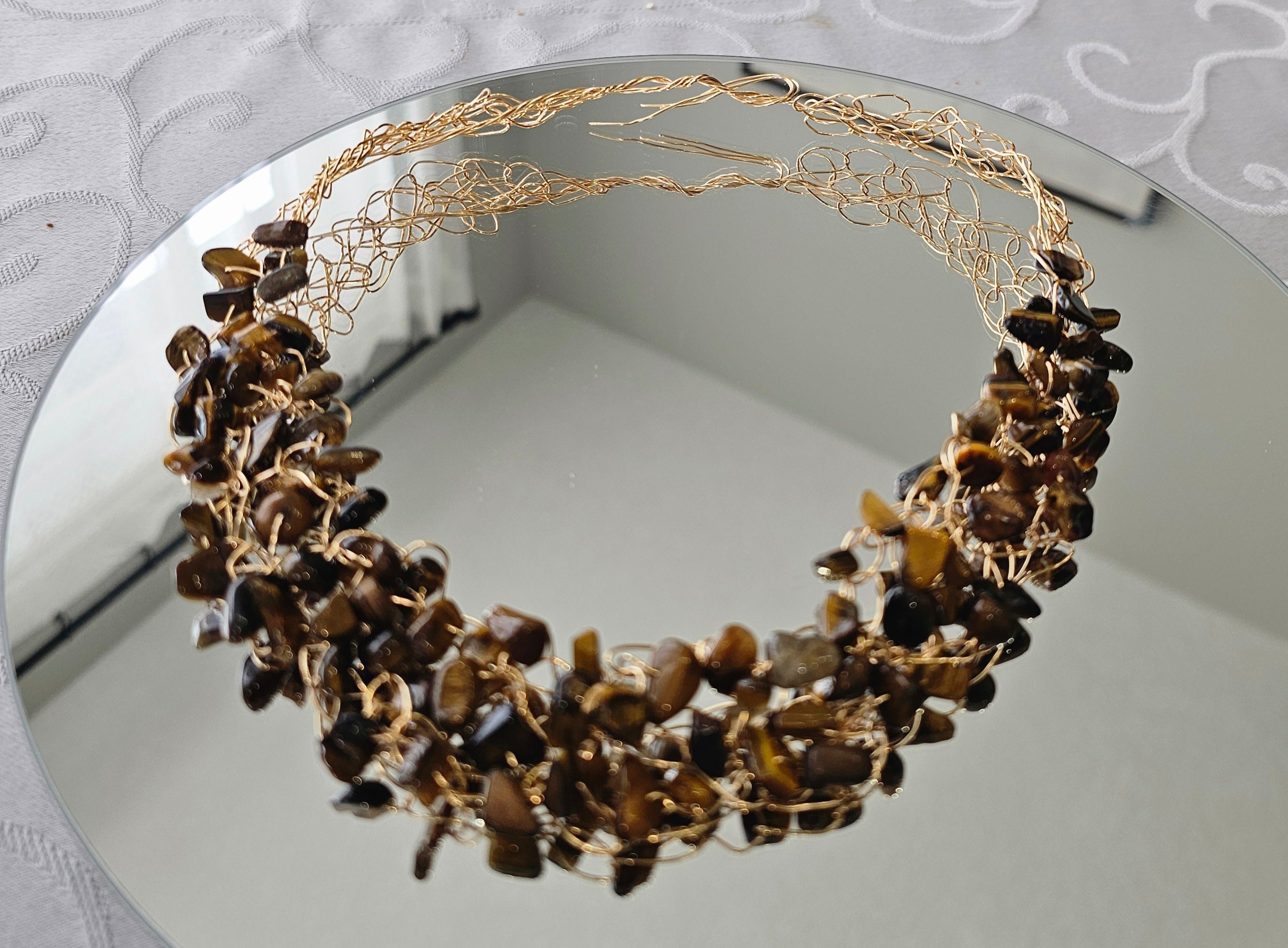 Tiger’s Eye Crochet Necklace, Gold Wire Design