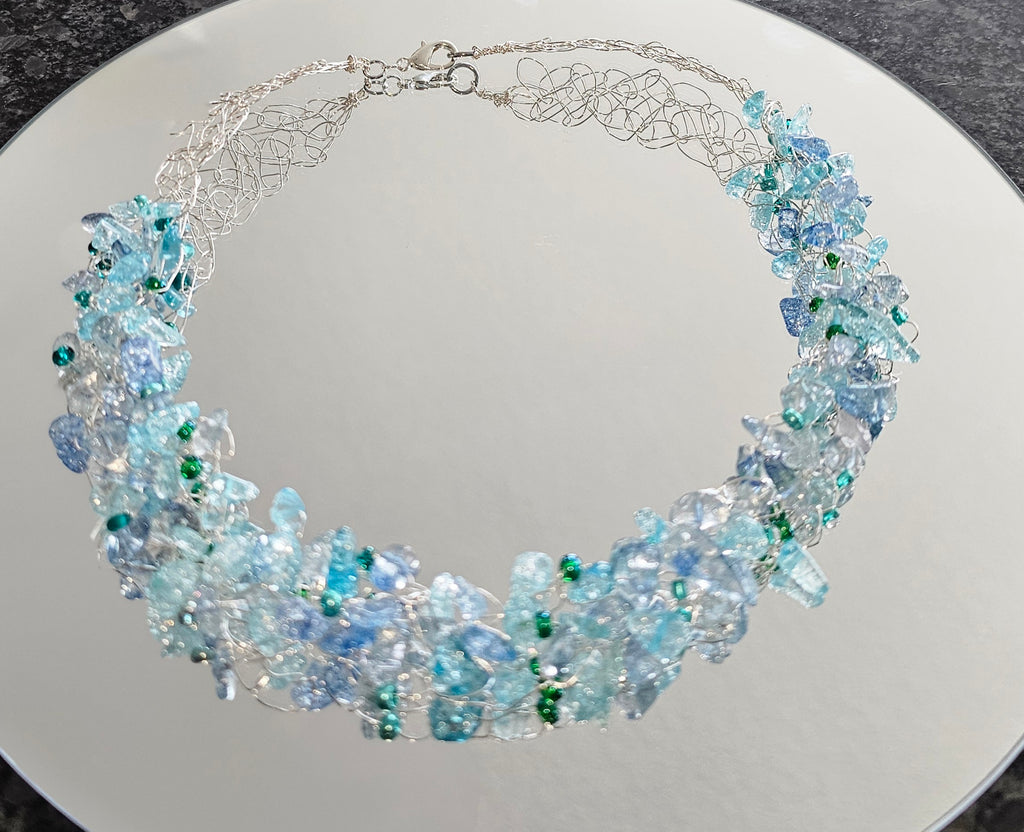 Ocean Breeze Aqua Crystal Wire Crochet Necklace