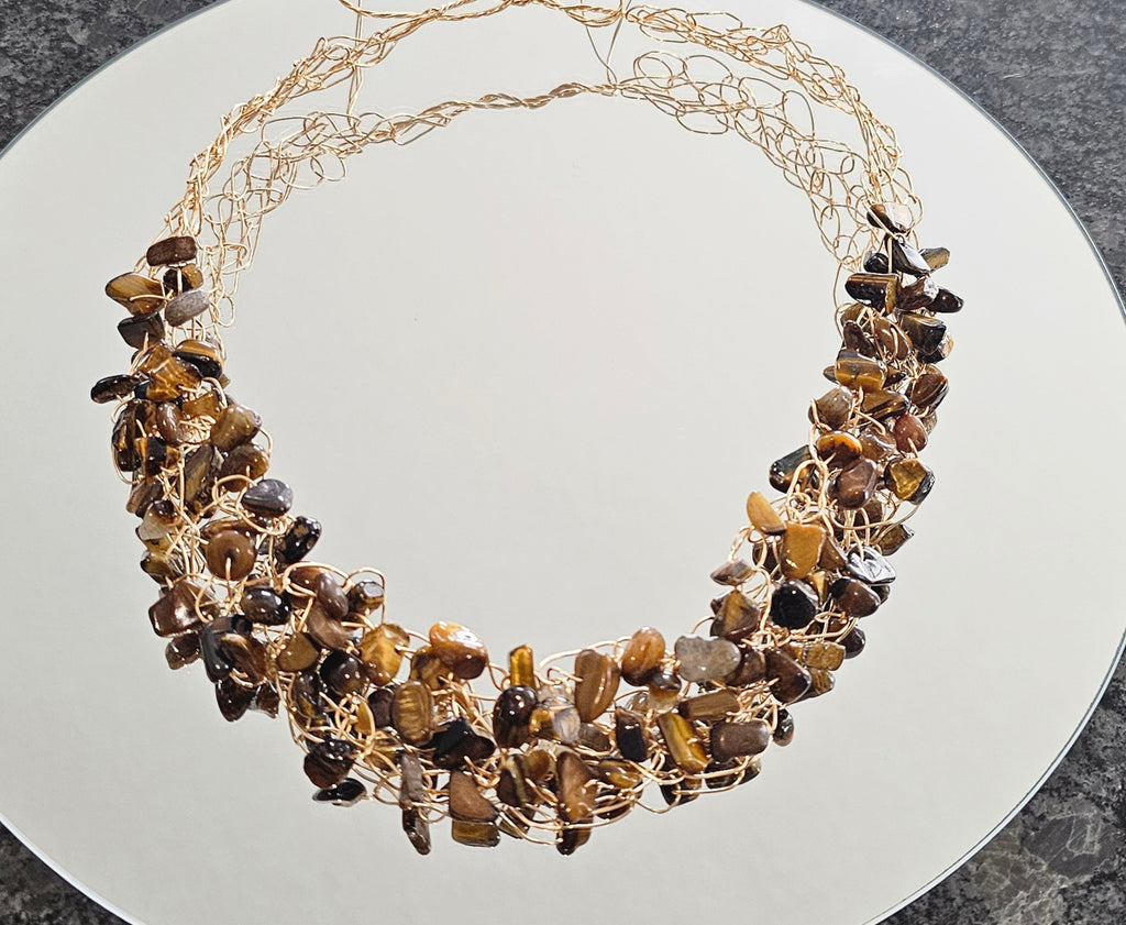 Tiger’s Eye Crochet Necklace, Gold Wire Design